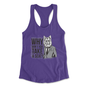 Why Dont You Take A Seat Womens Racerback Tank in Purple Rush color